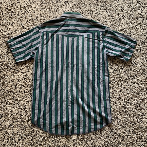 Vintage Wrangler Long Tail Mens Snap Button Western Grey Green Blue Stripe Shirt - Picture 10 of 13